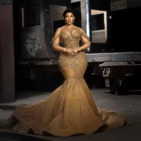 EVLAST Customized Luxury Gold Lace Evening Dress African Prom Dress Aso Ebi Formal Party Gown Black Women Birthday Dress E2P5768