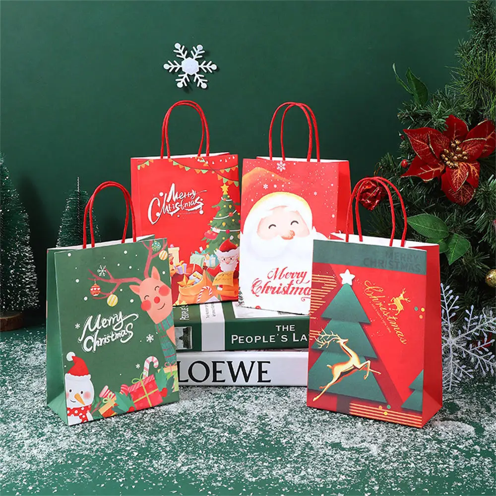  Merry Christmas Party Candy Bag Kraft Paper Handbag Cartoon Santa Claus Gift Bag Elk-Themed  Holiday Decoration Gift Bag