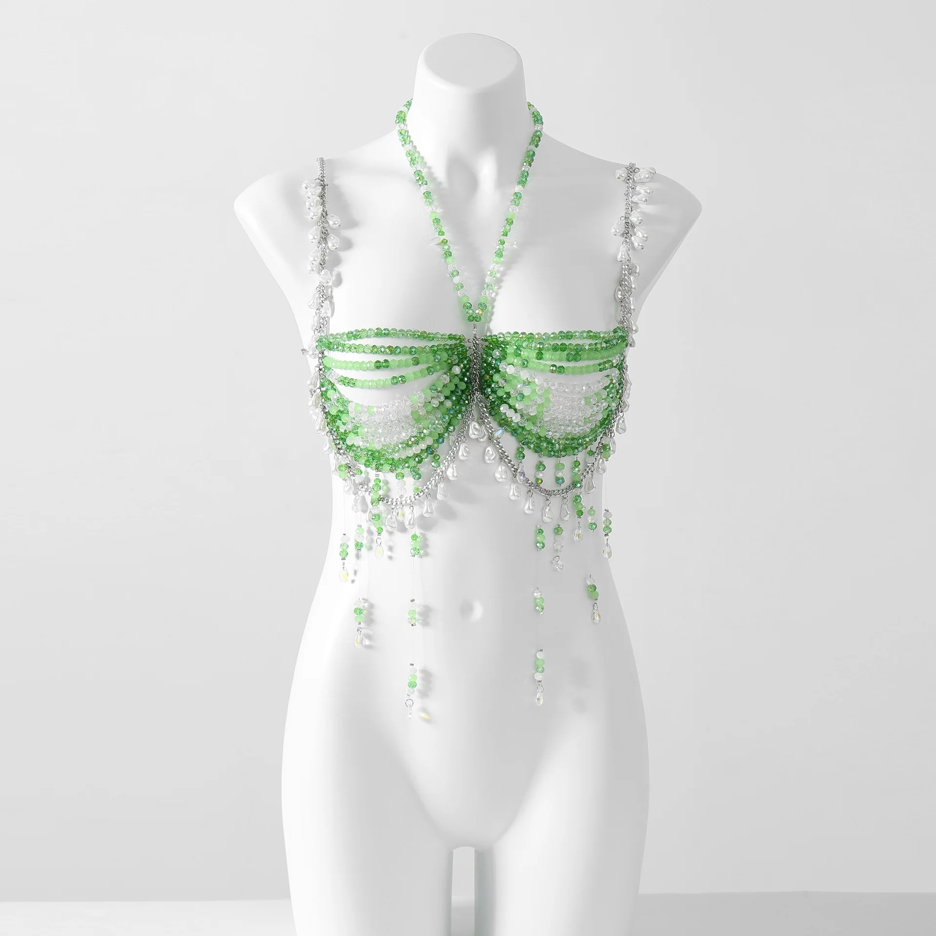 Handmade Women Beaded Tops Crystal Bra Halter Green Beaded Layered Lingerie Harness Bralette Beaded Women Vest Beachwear