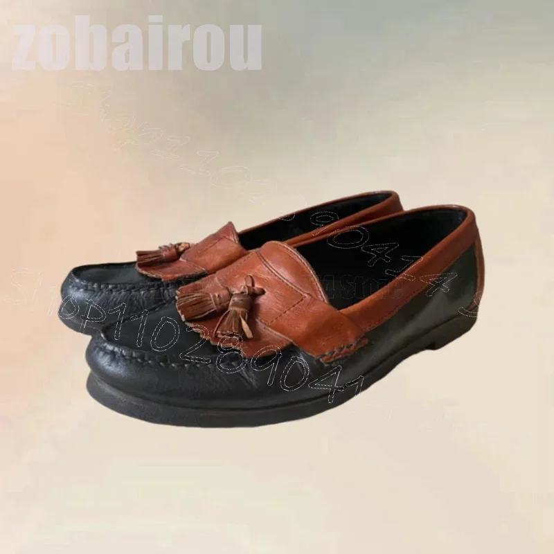 

Brown Tassels Black Sewing Design Round Toe Loafers Fashion Slip On Men Shoes Luxurious Handmade Party Banquet Men Casual Shoes