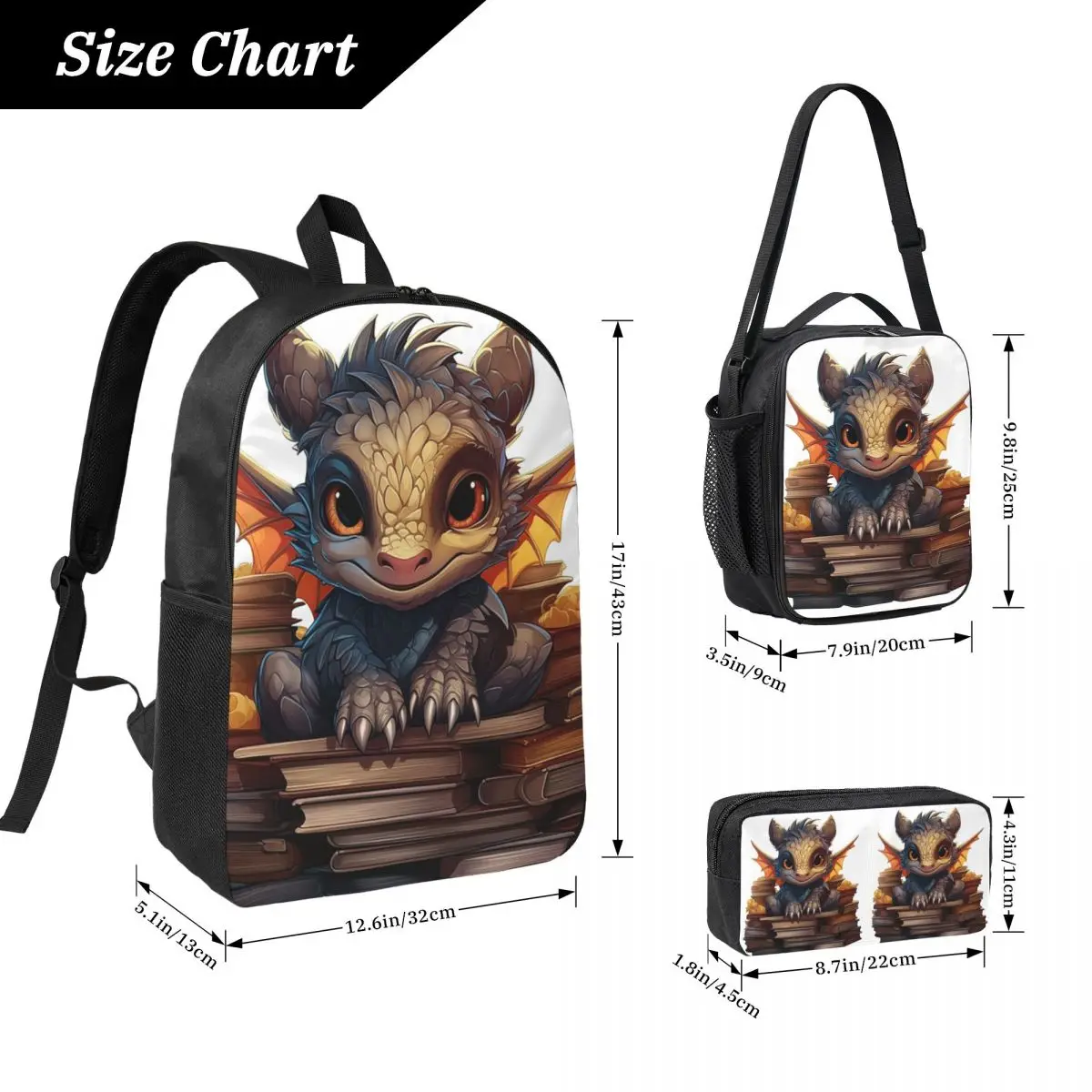 Cute Book Dragon - Library Lover's Gift Backpack Boys Girls BookBag School Bag Laptop Shoulder Bags 3ps Lunch Bag Pencil Case