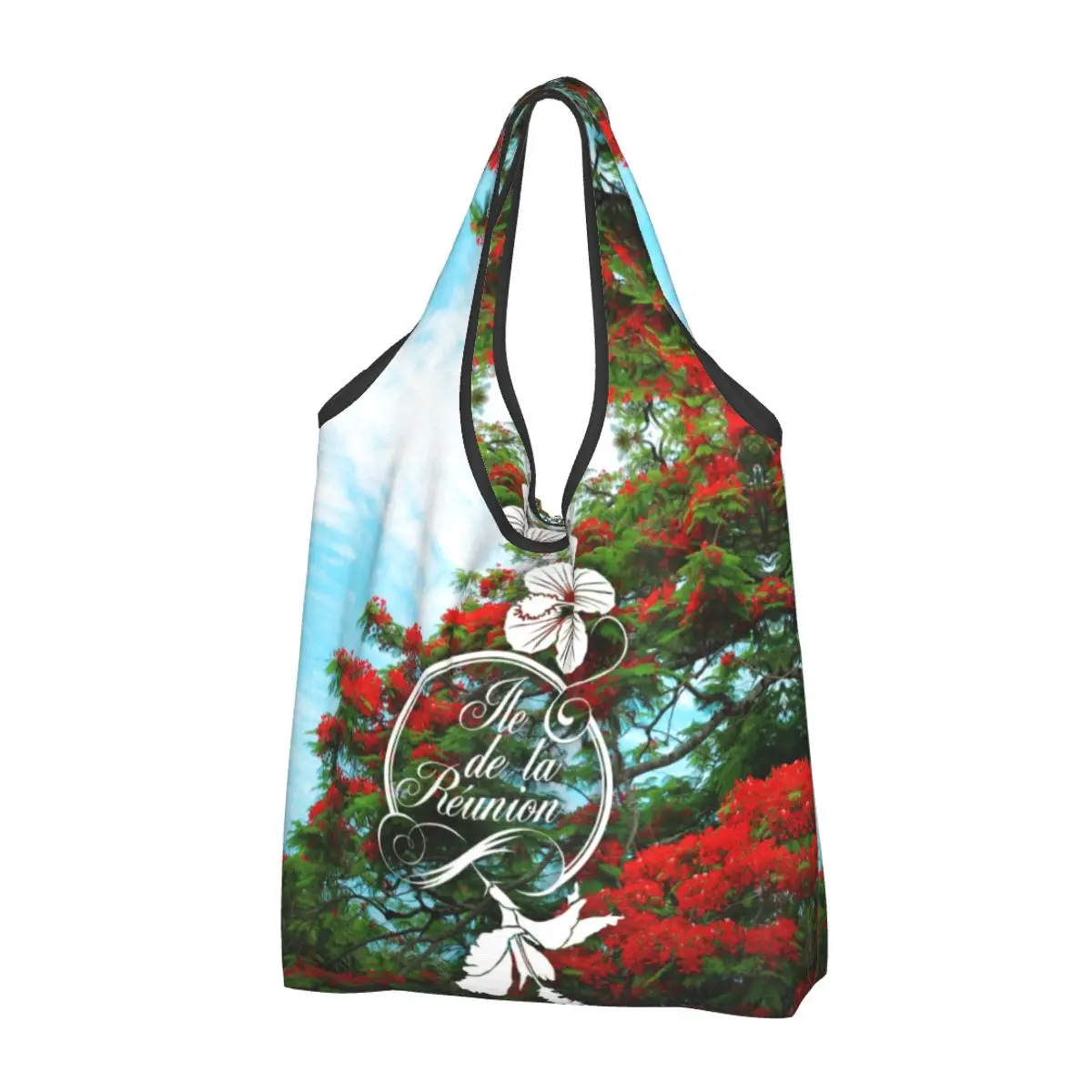 Custom 974 Reunion Island Flamboyant Hibiscus Shopping Bag Portable Large Capacity Grocery Flowers Pattern Tote Shopper Bags