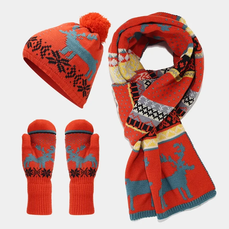 3Pcs Christmas Reindeer Jacquard Hat Gloves Scarf Set Autumn Winter Stylish Warm Knit Cap Gloves Neck Scarf Three-piece Set