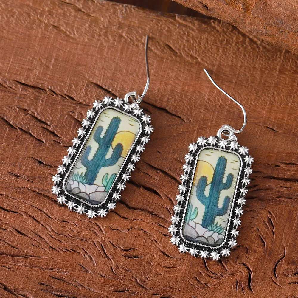 DIY accessories European and American cross-border new bohemian rectangular desert cactus pendant earrings personalized simple e