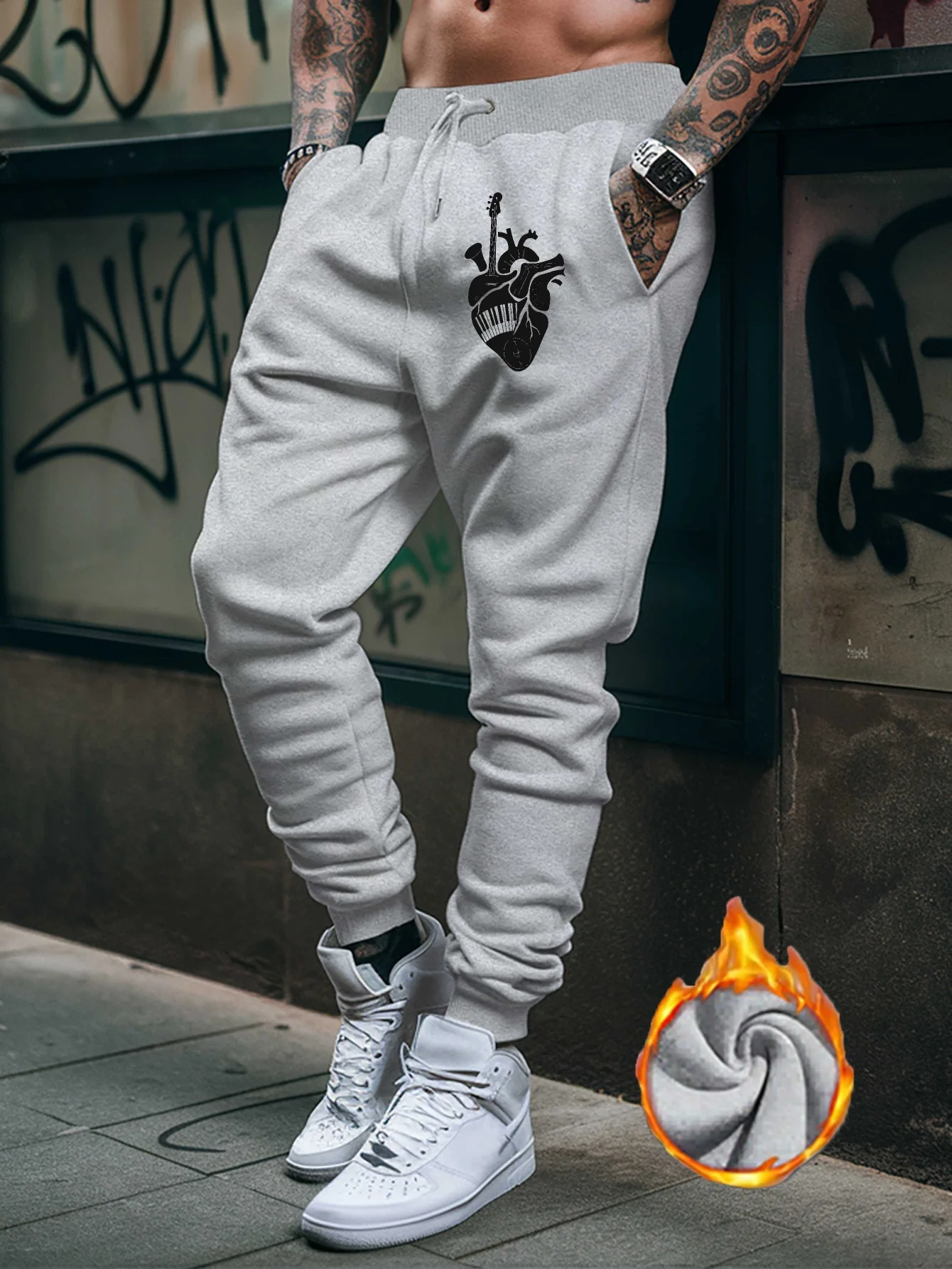 Fleececozy Men Sports Sweatpants Heart Music Print Loose Trousers Winter Men Training Pants Plus Size For Cold Days Sport Wear