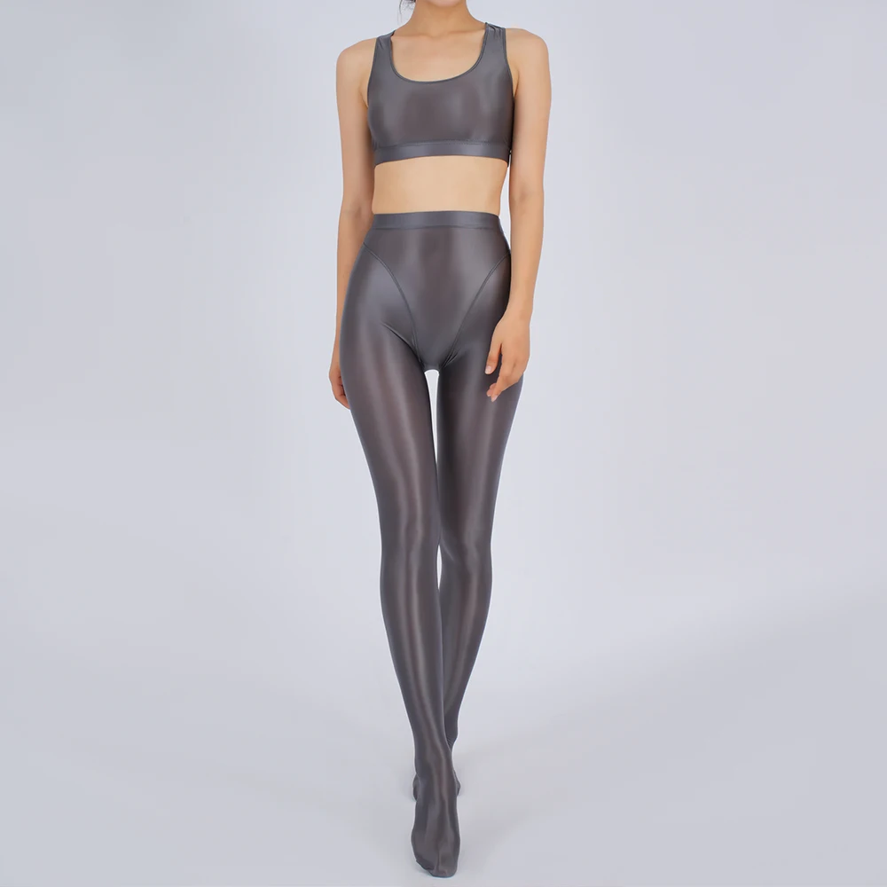 

Glossy Transparent Thin Women 2 Pieces Sets Sports Fitness Overall Jumpsuit Tank Top Tights