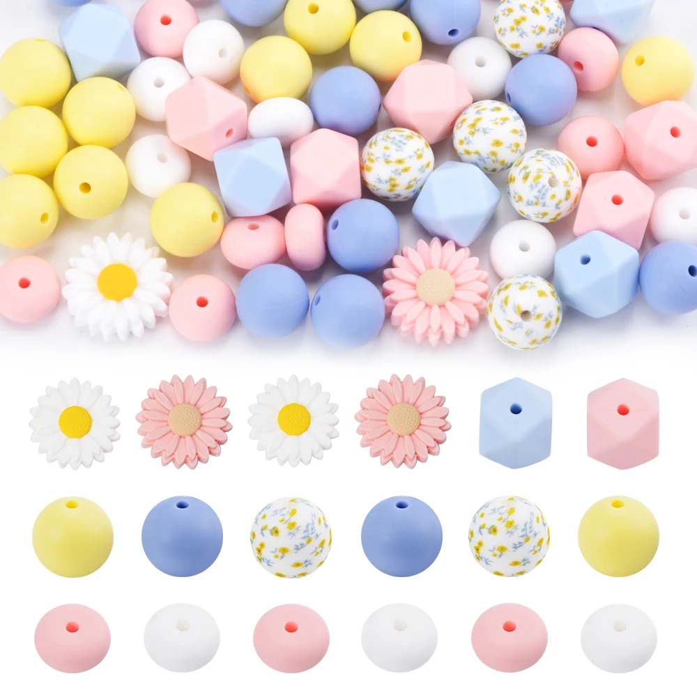 LOFCA 57pcs 22 mm Daisy round Loose silicone beads Silicone necklace DIY necklace Silicone beads BPA free Jewelry accessories