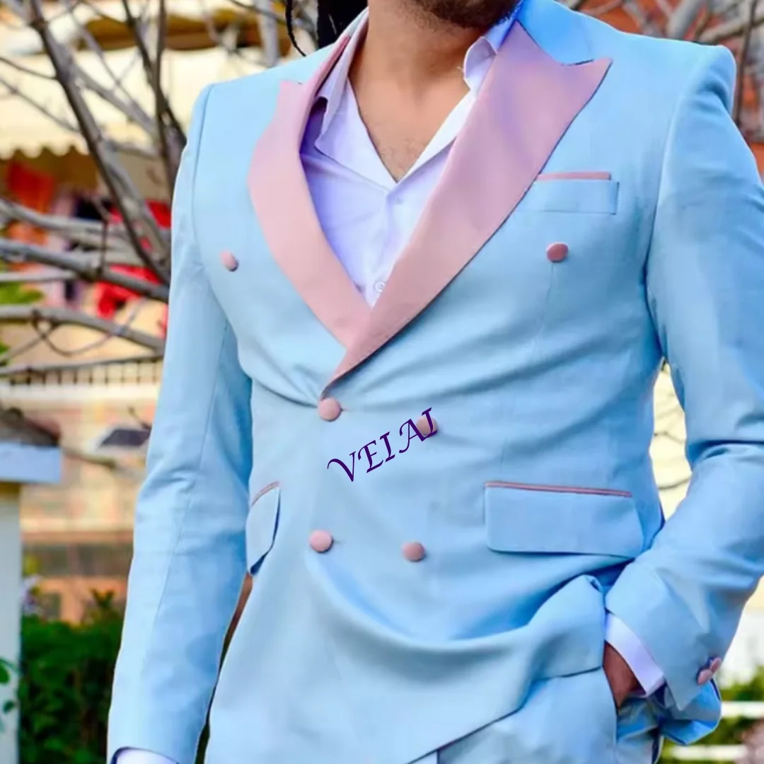 

Мужской костюм-двойка на заказ, розовый смокинг с пикообразными лацканами, двубортный, небесно-голубой, модный, для летних свадеб, вечеринок и выпускных вечеров