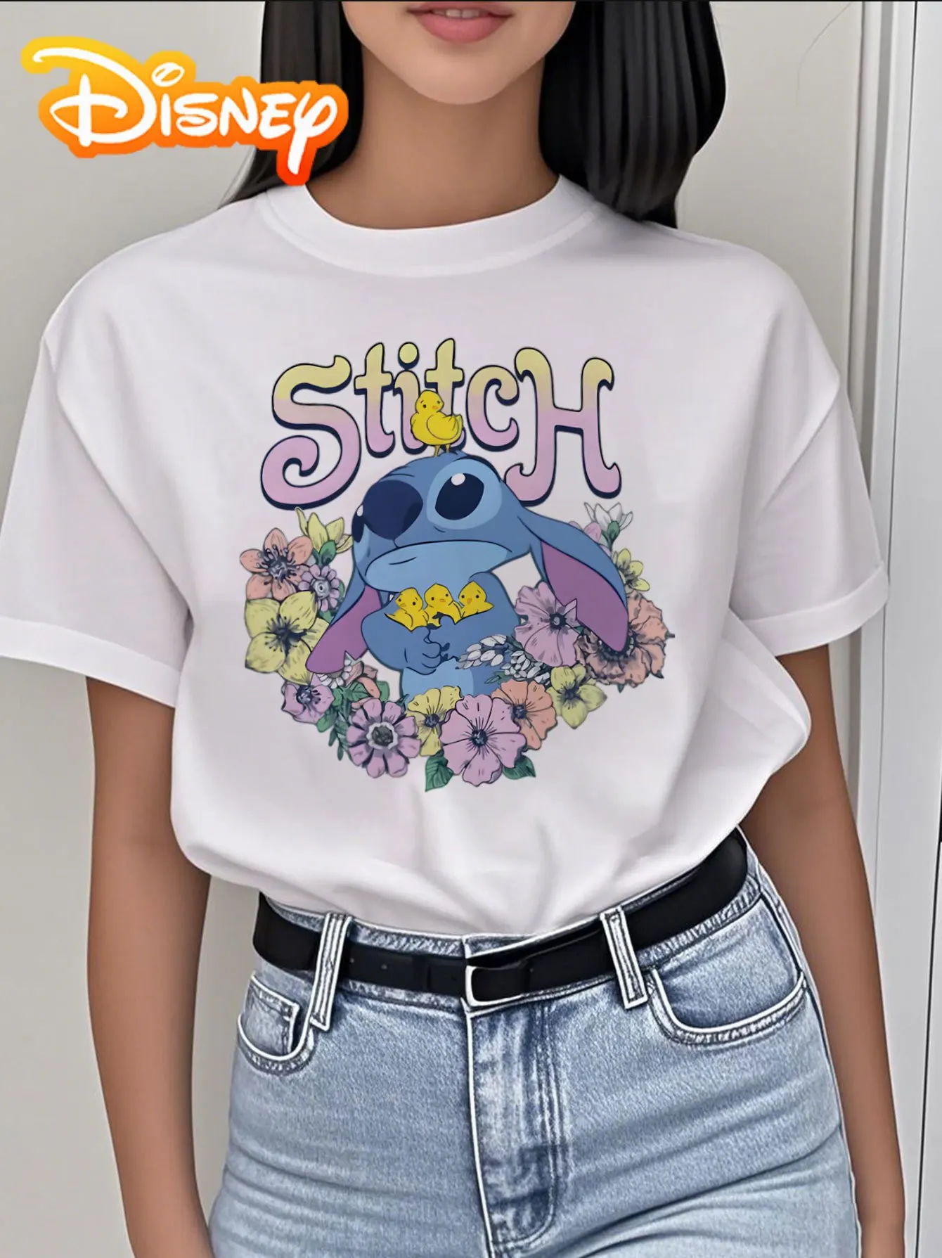 

Disney Stitch with Ducks and Flowers Women'S Crew Neck T-Shirt, Soft Casual Tee for Spring/ Summer, Perfect Birthday or Festival