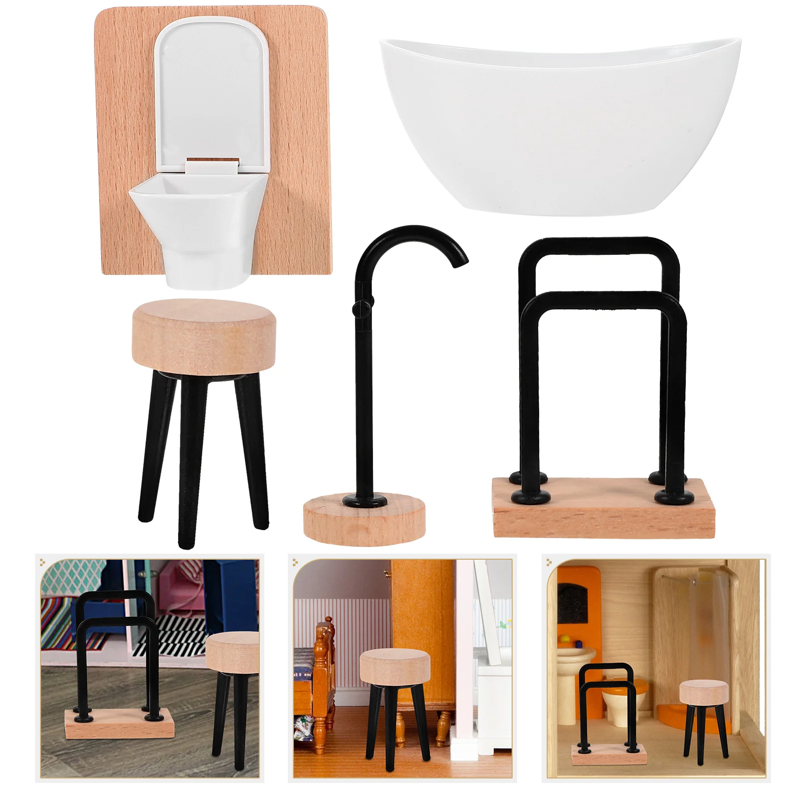 5 Stücke Miniaturmöbel Puppenhaus Badezimmer Dekor Wassertrog Badewanne Holz Duschraum Modelle Winzige Accessoires Spielen Spielzeug Mini