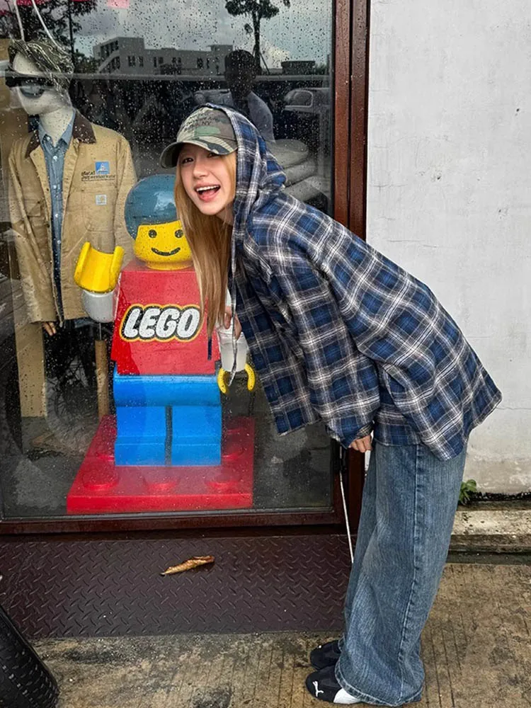 เสื้อเชิ้ตลายสก๊อตวินเทจผู้หญิงฮาราจูกุแขนยาวสไตล์อเมริกันเสื้อคลุมมีฮู้ดแบบมีเชือกผูกหลวมๆสบายๆสตรีทแวร์ฤดูใบไม้ผลิ