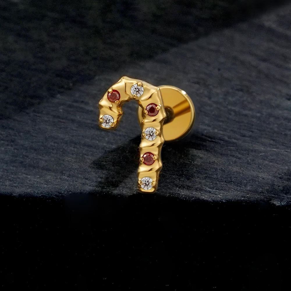 Right Grand ASTM F136 Titanium Christmas Candy Cane Flat Back Earring 16G Cartilage Helix Tragus Lobe Piercing Stud Labret Monroe Jewelry Christmas Gift Jewelry