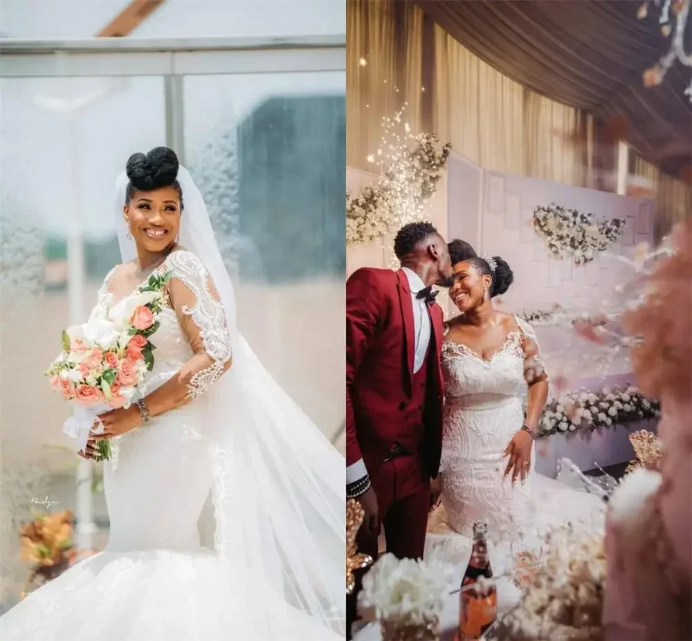 فستان زفاف حورية البحر بأكمام طويلة مزين بالدانتيل مخصص فستان زفاف أفريقي شفاف أسود للفتيات مقاس كبير مصنوع حسب الطلب