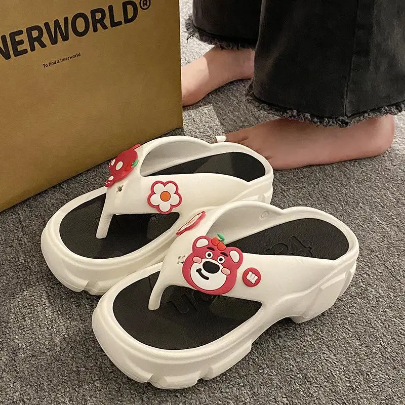 Disney Slippers Female Summer Lotso Bear Home Anti-Skid Eva Flat Flip-Flops Thick Bottom Sandals White Black Shoes Size 36-41