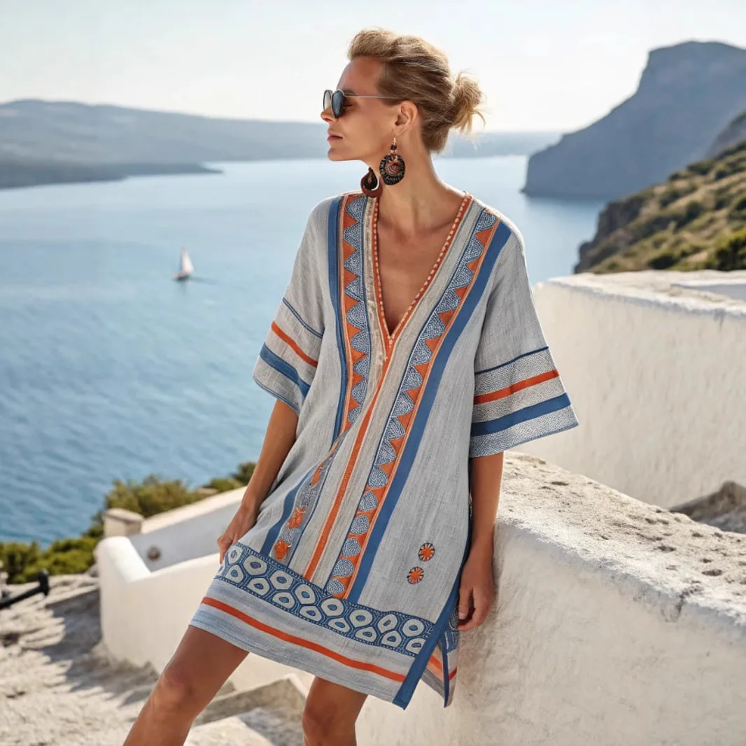 2025 nouvelle robe imprimée à manches mi-longues femmes été rétro décontracté ample bohème vacances col en v Mini robes pour les femmes