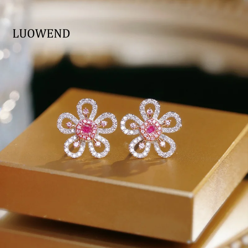 

LUOWEND 100% 18K White Gold Earrings Fine Jewelry Romantic Flower Shape Real Natural Pink Diamond Stud Earrings for Women