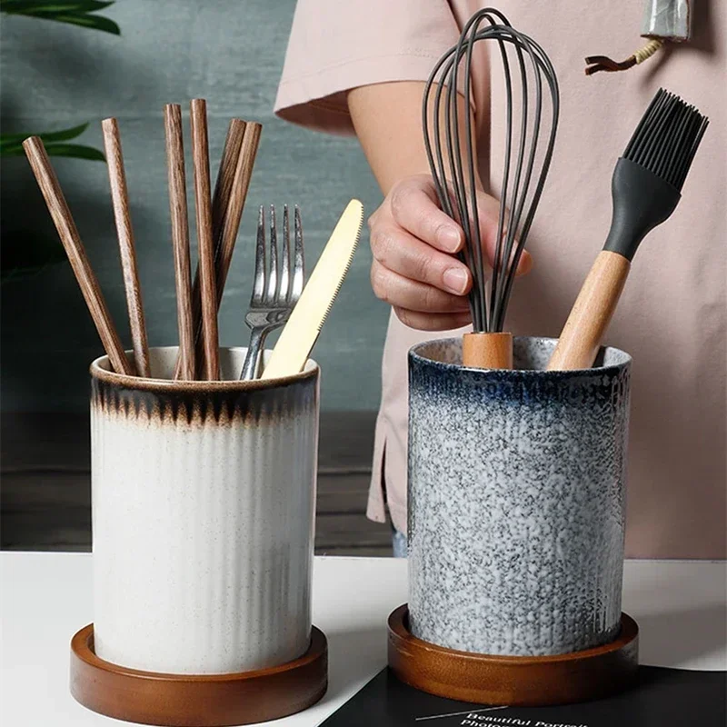 Creative drain chopstick holder ceramic kitchen multifunctional large chopsticks spoon fruit knife and fork storage bucket