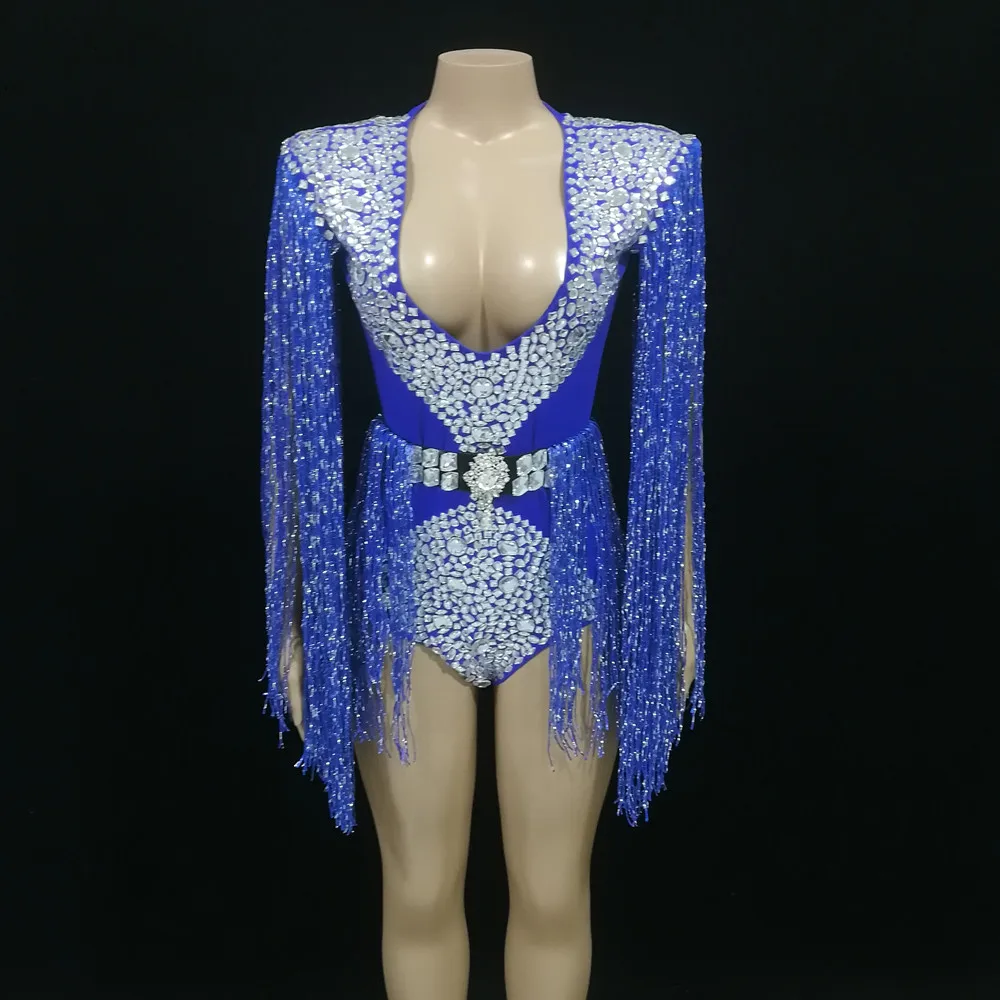 Blue Fringe Shiny Rhinestones Bodysuit Tassel Belt Women Singer Performance Dance Outfits Birthday Celebrate Stage Costume