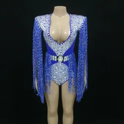 Blue Fringe Shiny Rhinestones Bodysuit Tassel Belt Women Singer Performance Dance Outfits Birthday Celebrate Stage Costume