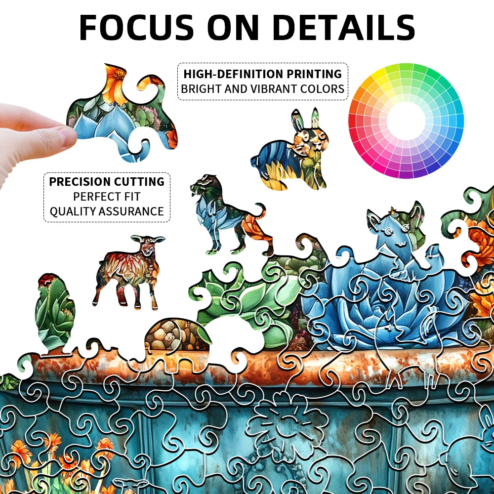 Quebra-cabeça de madeira desafiador, plantas suculentas coloridas e formas de animais exclusivas, jogo de cérebro de alta dificuldade, adequado para decoração caseira