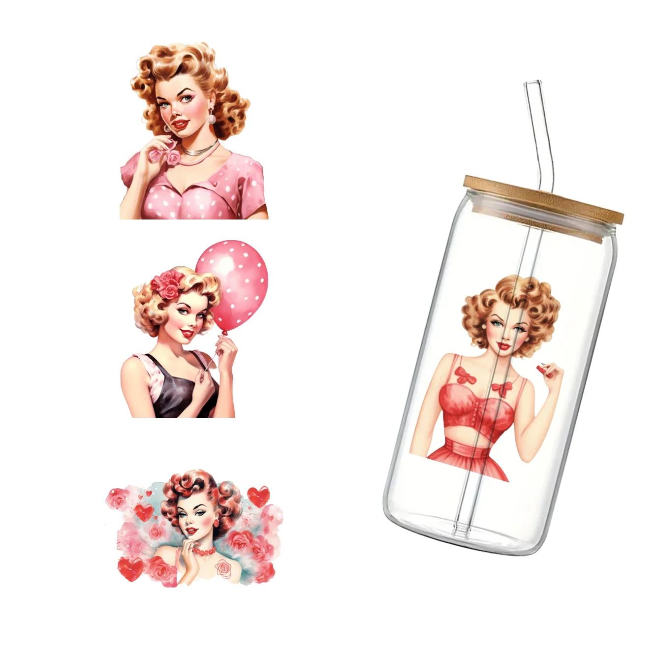 11x11cm Retro Girl Pictorial Cartoon Cup Wrap Sticker 16oz UV DTF Waterproof Sticker for Party Gift Home Decocration