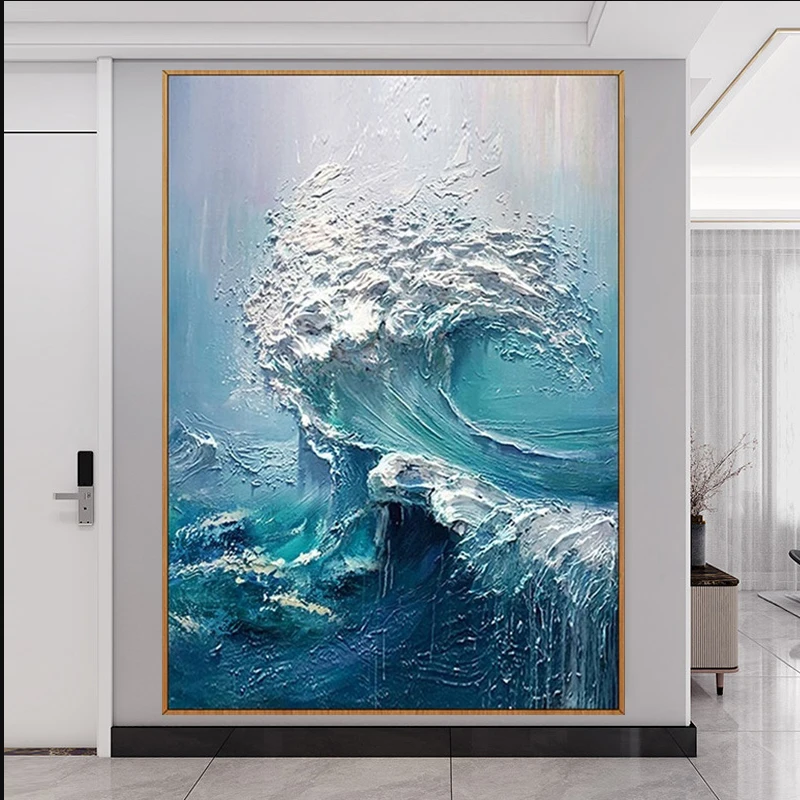 

Blue Beach Theme Painting Modern Seascape Hand-painted Oil Painting Waves Landscape Handmade Ocean Painting On Canvas Wall Art