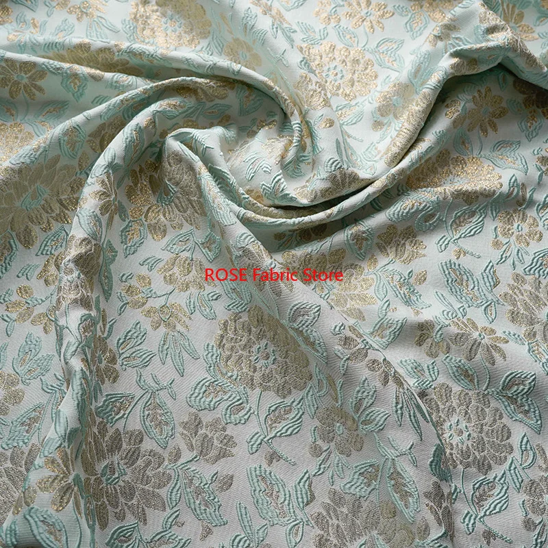 

1 meter Embossed Gold Silk Mint Green Flowers Jacquard Fabric Spring and Summer Women's Bags Dress Fabric
