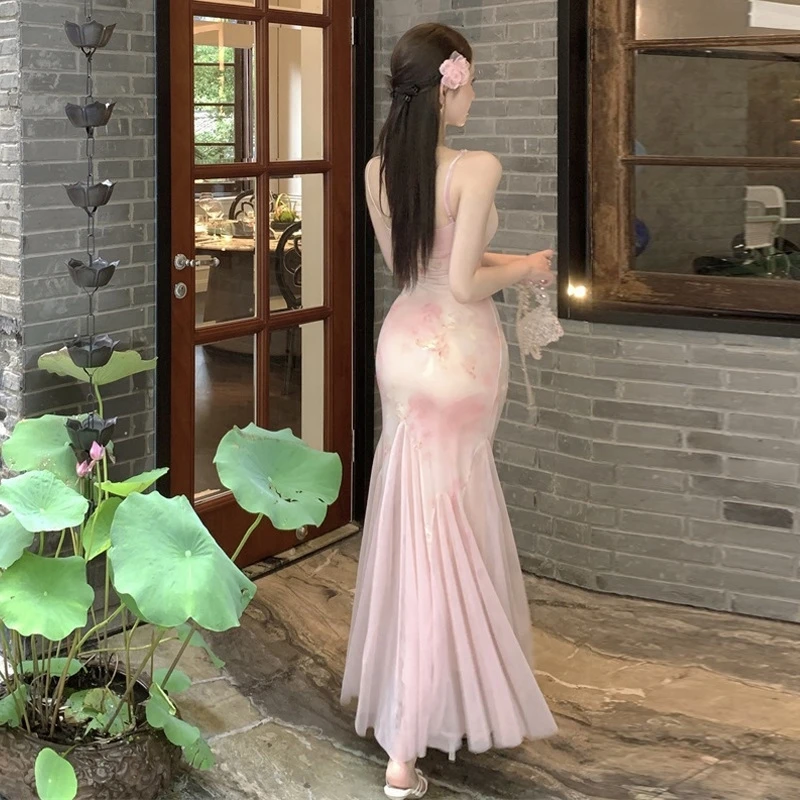 2024 sommer Elegante Blumen Sheer Slim Fit Strappy Sommerkleid Frauen Casual Kleid Sexy Ärmelloses Strand Party Kleid