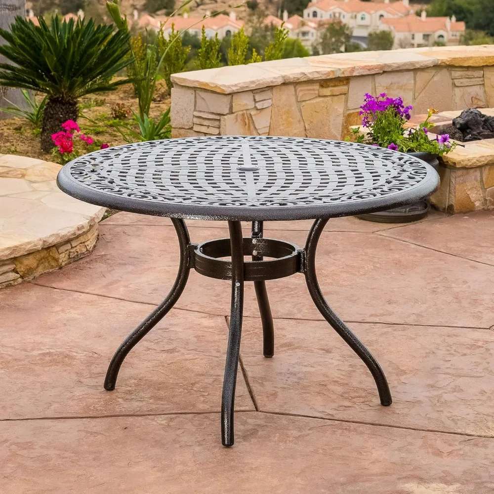 Phoenix Cast Aluminum Round Table, Hammered Bronze, Dimensions: 47.75”L x 47.75”W x 30.00”H