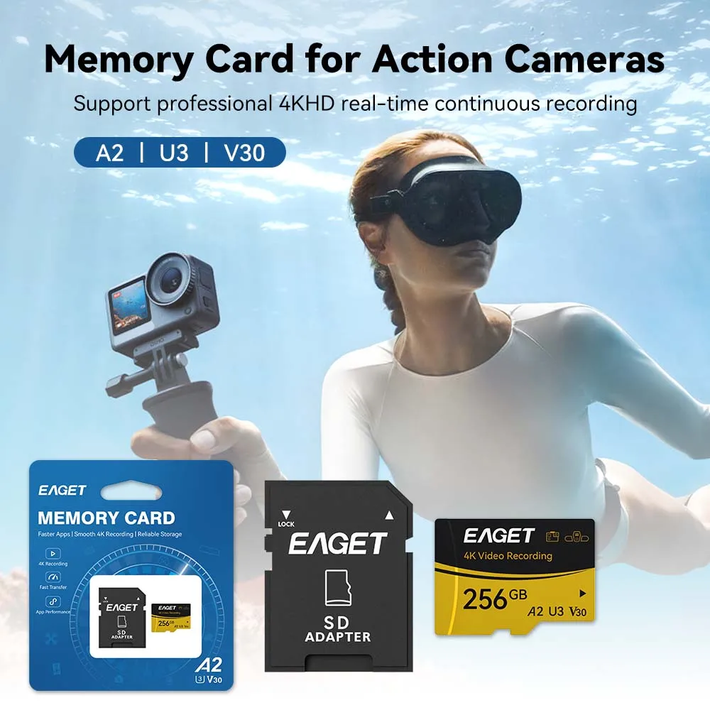 EAGET TF Micro SD Card A2 U3 V30 128GB‑512GB High Speed 4K Video Memory Card for Action Cameras Drones
