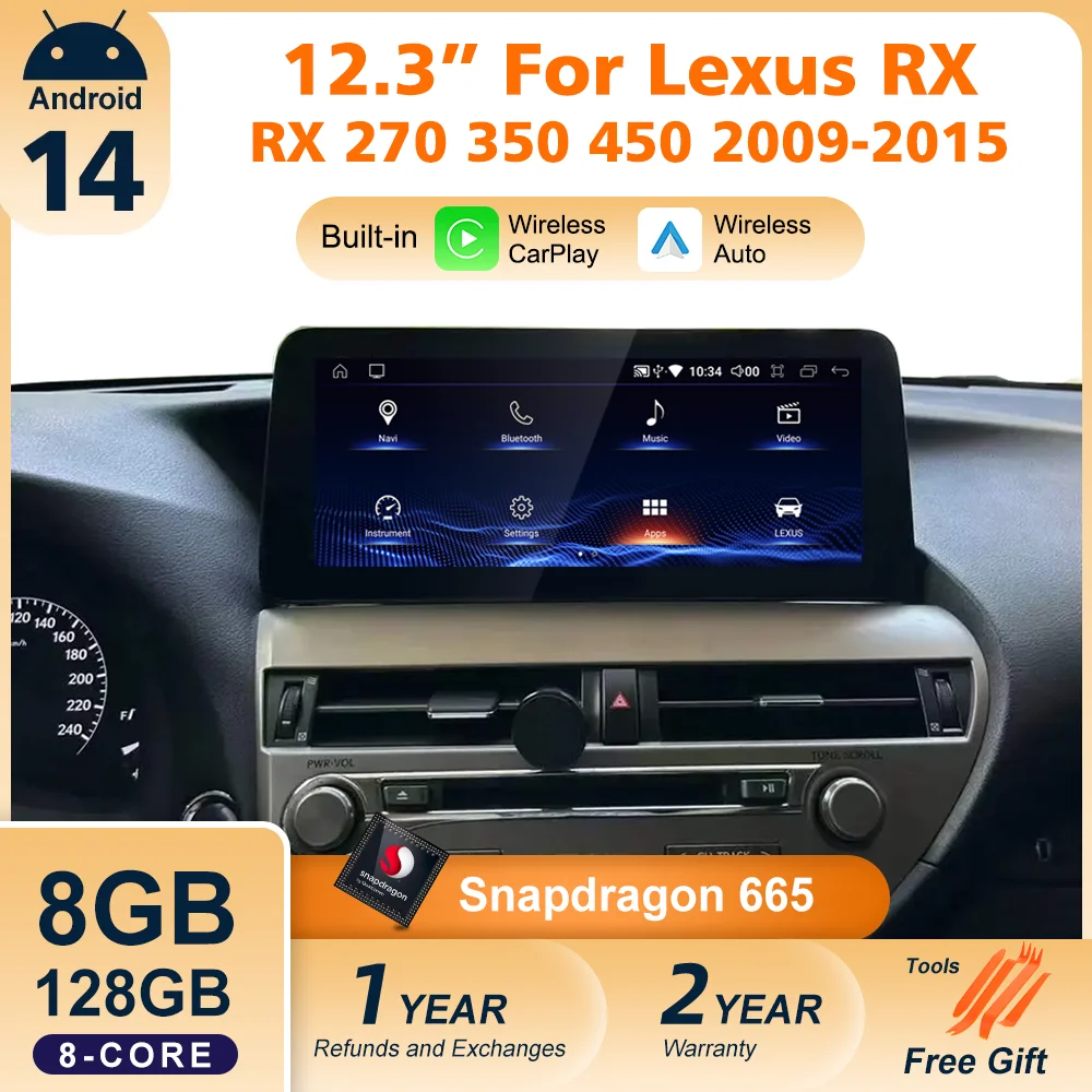 Nunoo Car Radio Android 14 CarPlay For Lexus RX RX270 RX350 450 2009 2010 2011 2012 2013 2014 2015 Multimedia Player Navi