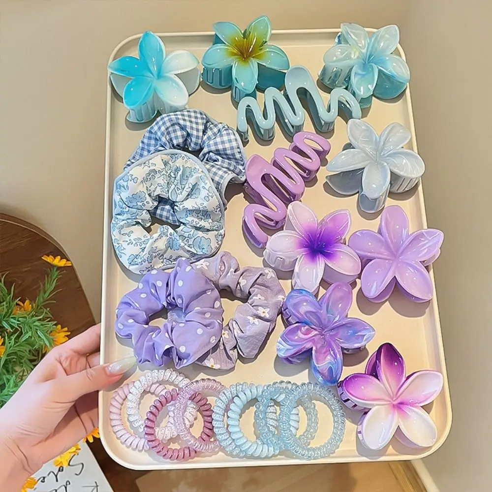 

11pcs/Set Fashion Plumeria Hawaiian Hair Clamps Set Colorful Elastic Flowers Hair Clips Rubber Band Hair Rope Hair Accessories