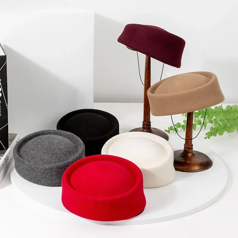 Women Autumn Winter Wool Felt Fedora Hat Fashion Stewardess Cap Performance Beret EU US
