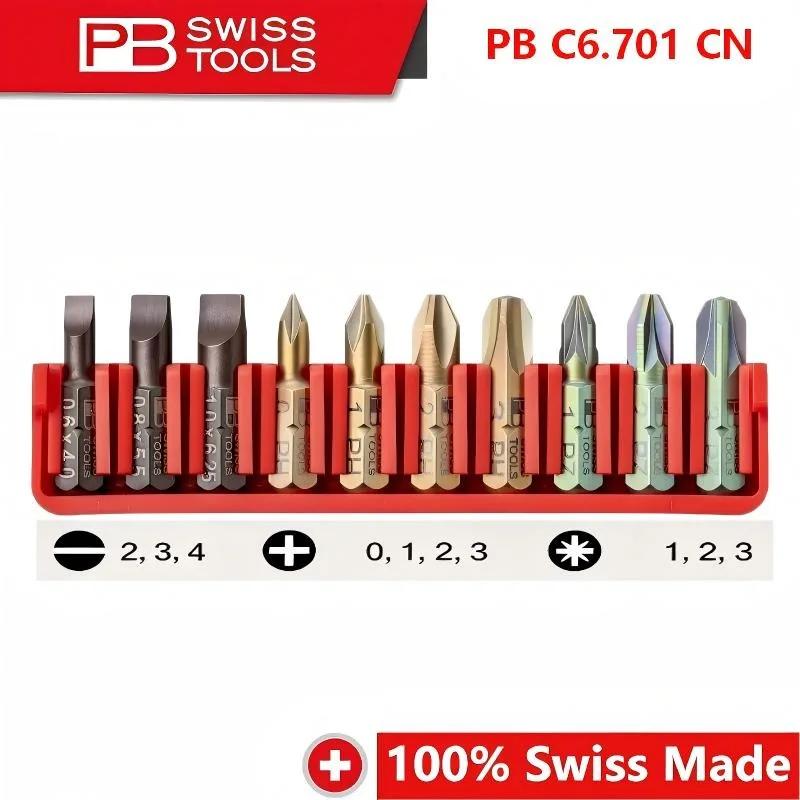 PB Swiss Tools PB C6.701 CN BitBlock 10PCS Mixed Precision Bits Phillips Pozidriv Slotted Electronic Workshop Repair