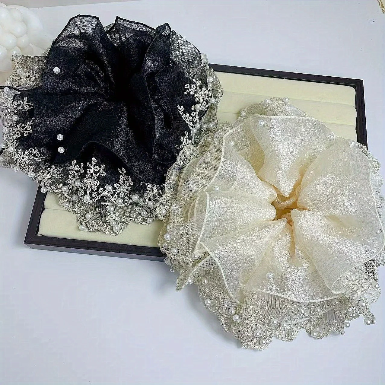 

Ethereal French Elegant Lace Pearl Trim Scrunchie, Fashion Versatile Back Hair Tie High Elasticity Mesh Hair Accessory for Women