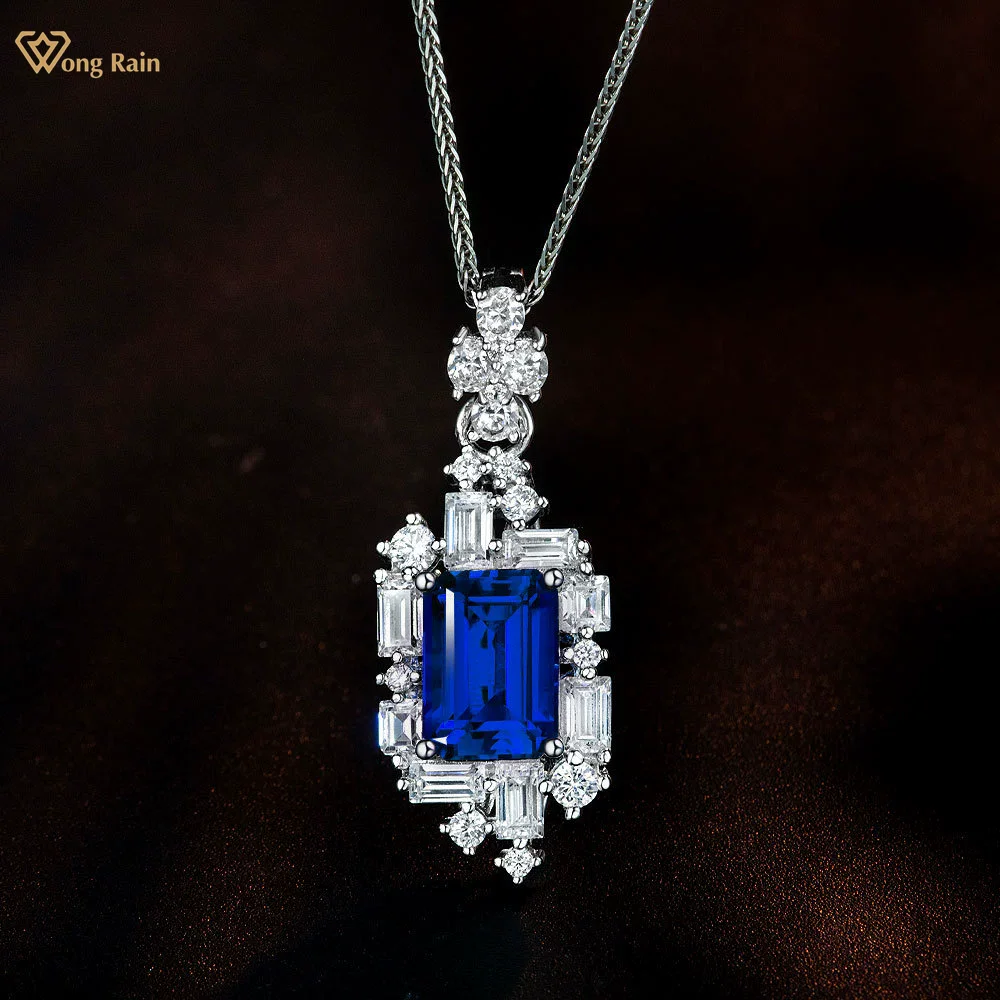 

Wong Rain Luxury 925 Sterling Silver Emerald Cut 7*10MM Sapphire Ruby High Carbon Diamond Gemstone Pendant Necklace Fine Jewelry