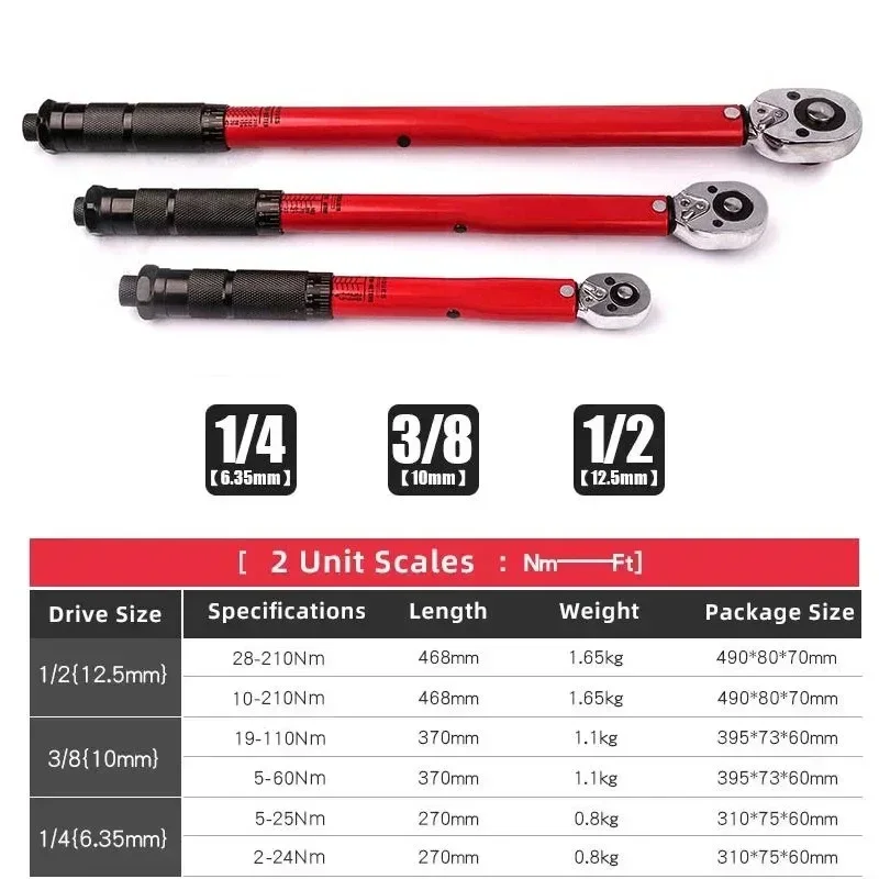 2-210N.m Torque Wrench 1/2 3/8 1/4 Precise Reversible Ratchet Torques Key Professional Bicycle Motorcycle Car Automotive Tool