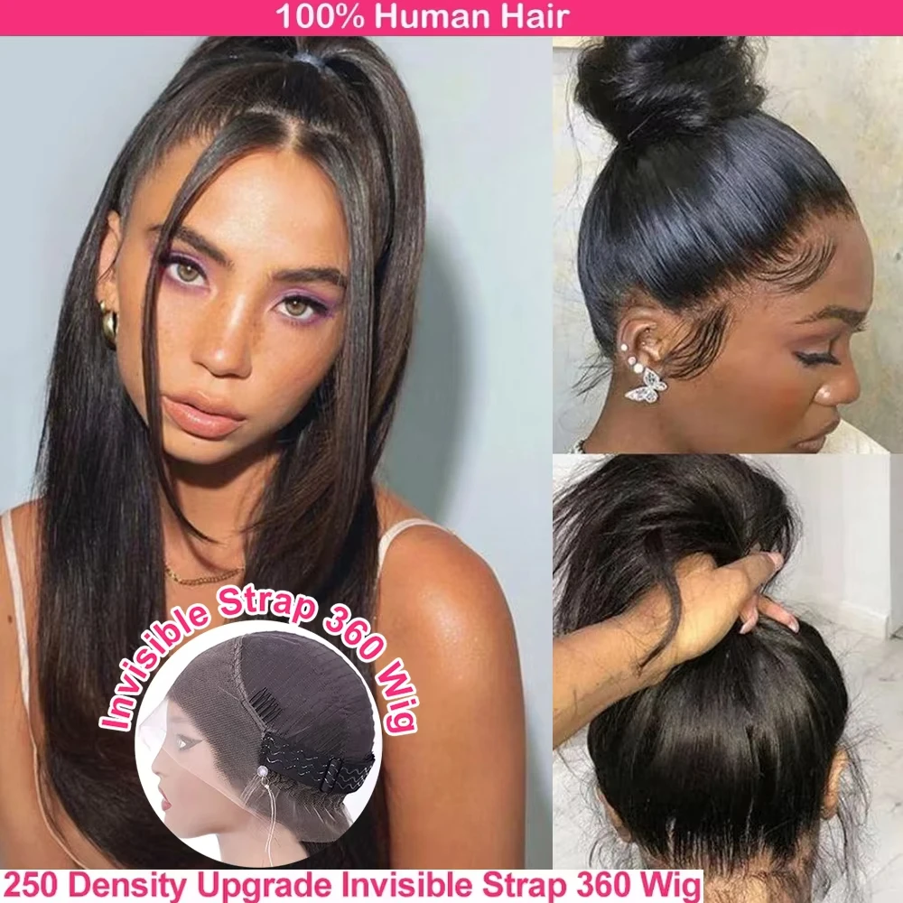 

Парик Invisi Strap 360 Full Glueless Lace Front из натуральных волос, HD, прямой, с кружевной передней частью, предварительно выщипанный, на шнурке, для женщин
