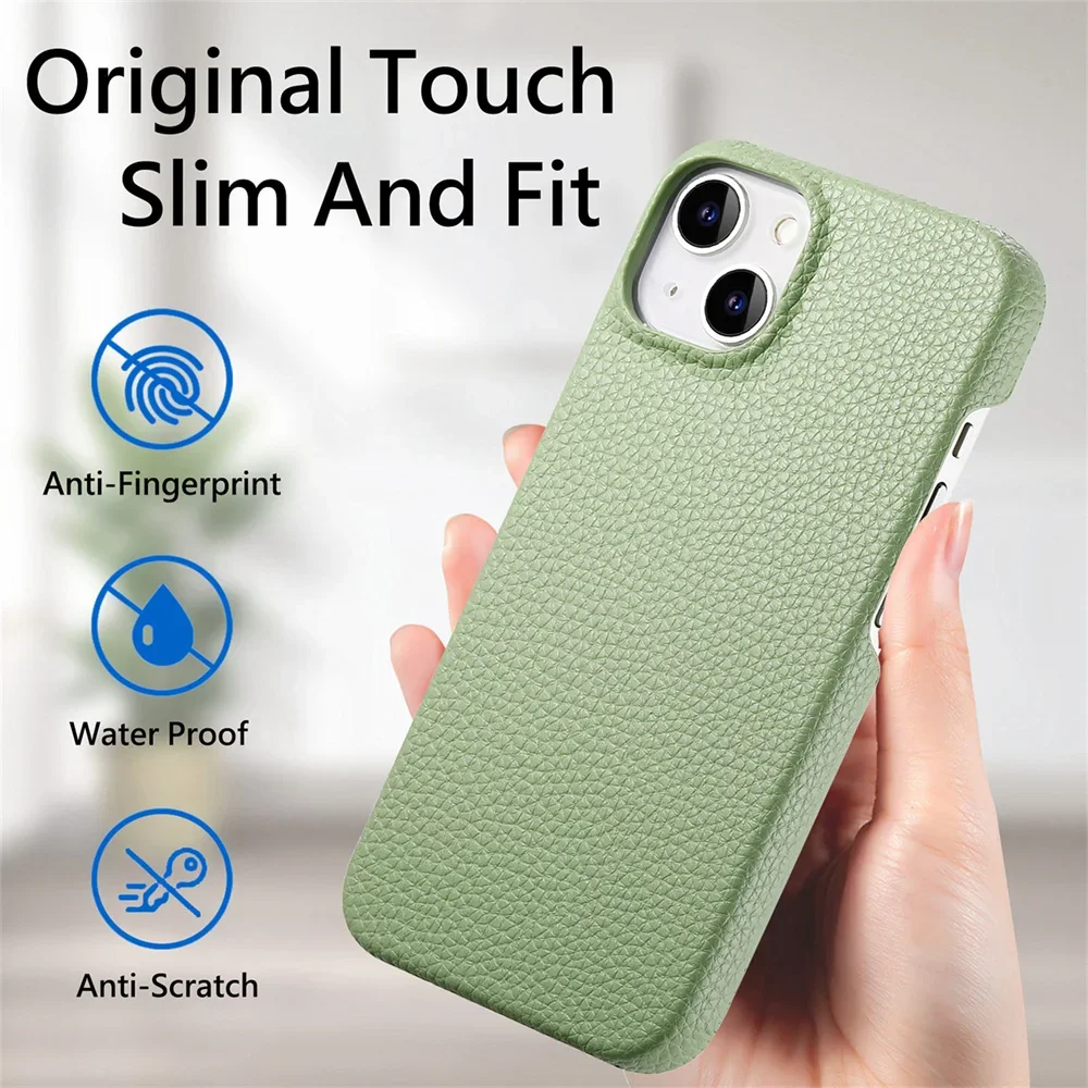 Luxury Litchi Grain Leather Phone Case for iPhone 16 15 14 Pro Max Plus 13 12 Mini 11 XR Xsmax Shockproof Frameless Slim Cover