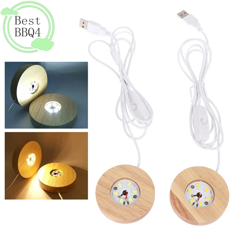 (BBQ4)USB Wooden LED Light Dispaly Base Wooden Night Lamp Base Rotating Display Stand Holder Crystal Glass Resin Ornament