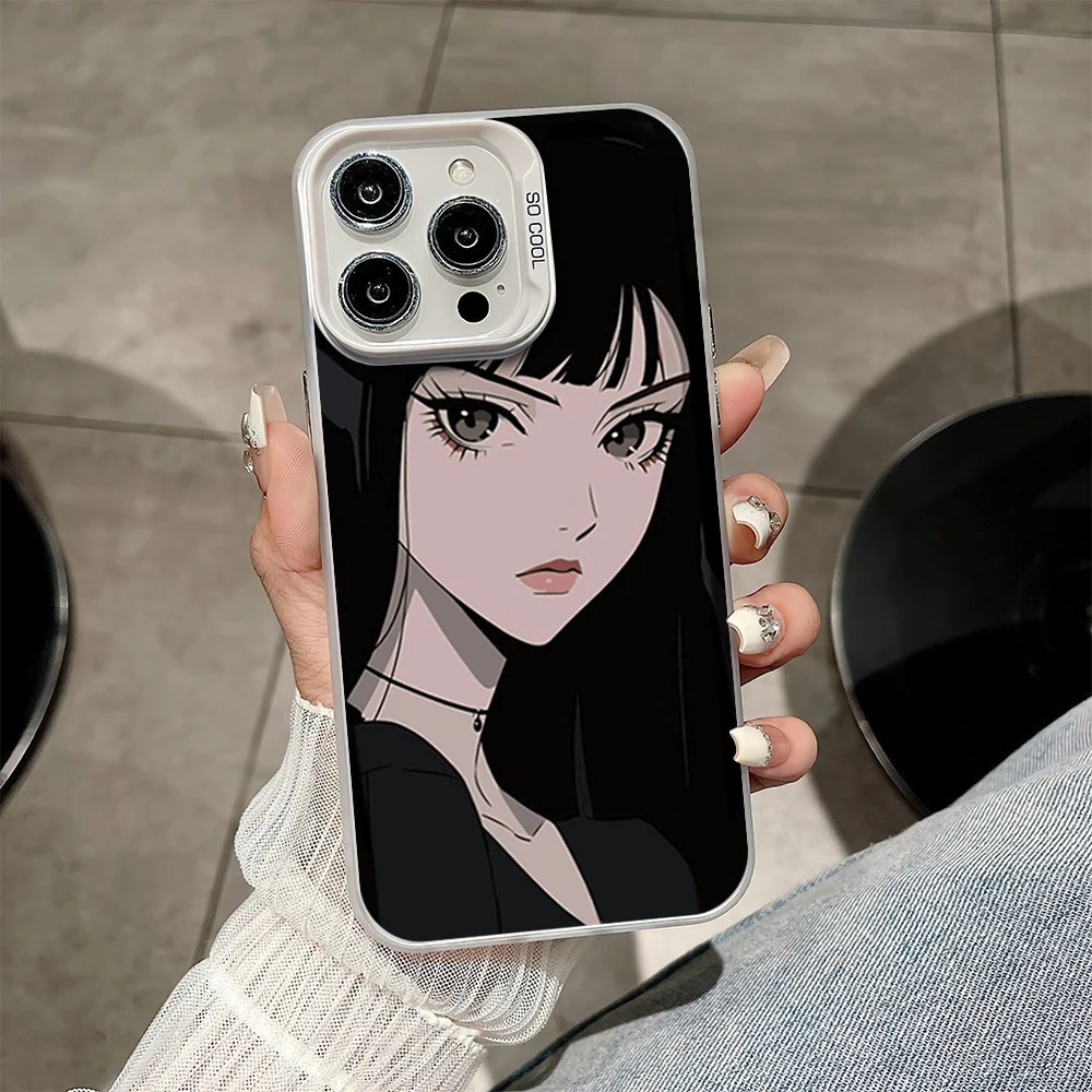 Anime Cool Girl Beauty Black Hair Fashion Phone Case for iPhone 16 12 13 14 15 11 Max Pro Plus Laser IMD Color Shell