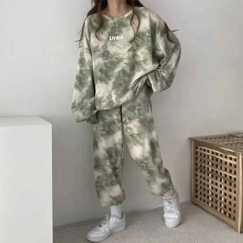 Women Clothing Set Tie Dye 2024 Spring Autumn Casual Sportswear Long Sweatshirt+Pants 2Pcs Suit Female Fashion Streetwear