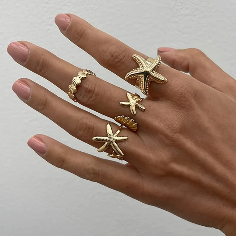 

4Pcs/set Starfish Shell Hot Sale Open Rings for Women Men Gold Color Irregular Textured Adjustable Rings Set Jewelry Gifts