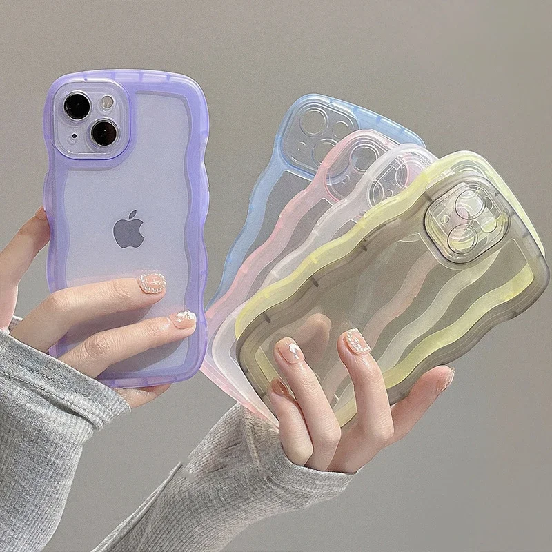 for iPhone 15 14 13 12 11 Pro Max Mini XS SE 7 8 Plus Case Cute Transparent Curly Wave Hybrid Shockproof Bumper Cover Soft Funda