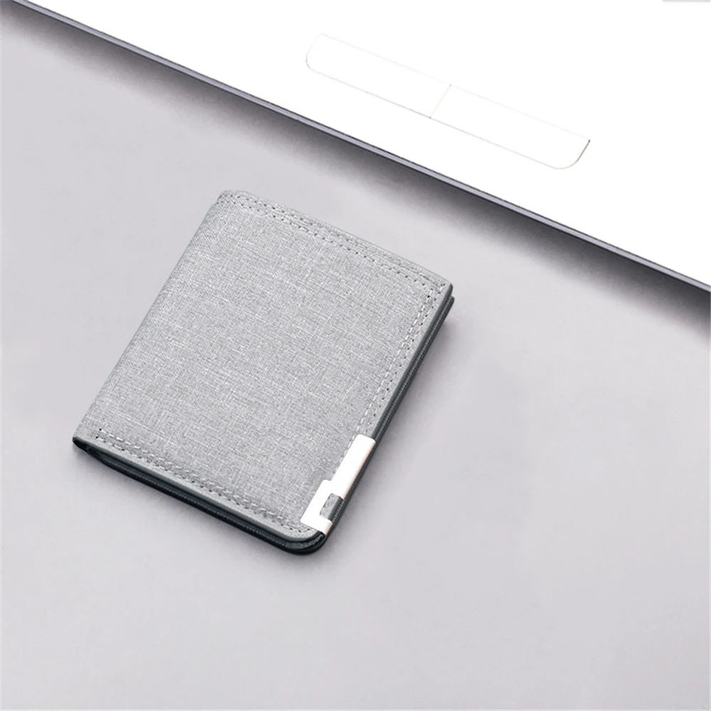 Canvas Solid Color Men Short Wallets Metal Decor Leisure Travel Lightweight Coin Purse Bi-fold Small Wallet ID Card Holders New