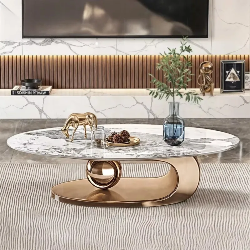 

Modern luxury large oval coffee table high-end art villa furniture made of durable metal living room marble slate corner table