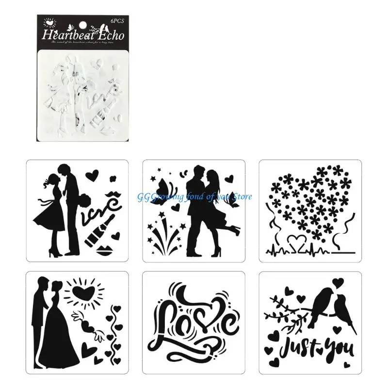 

H9EB 6 Pcs PET Couple Stencils Heart Templates Art and Craft Stencils For Cards School Assignments And Artistic Expression