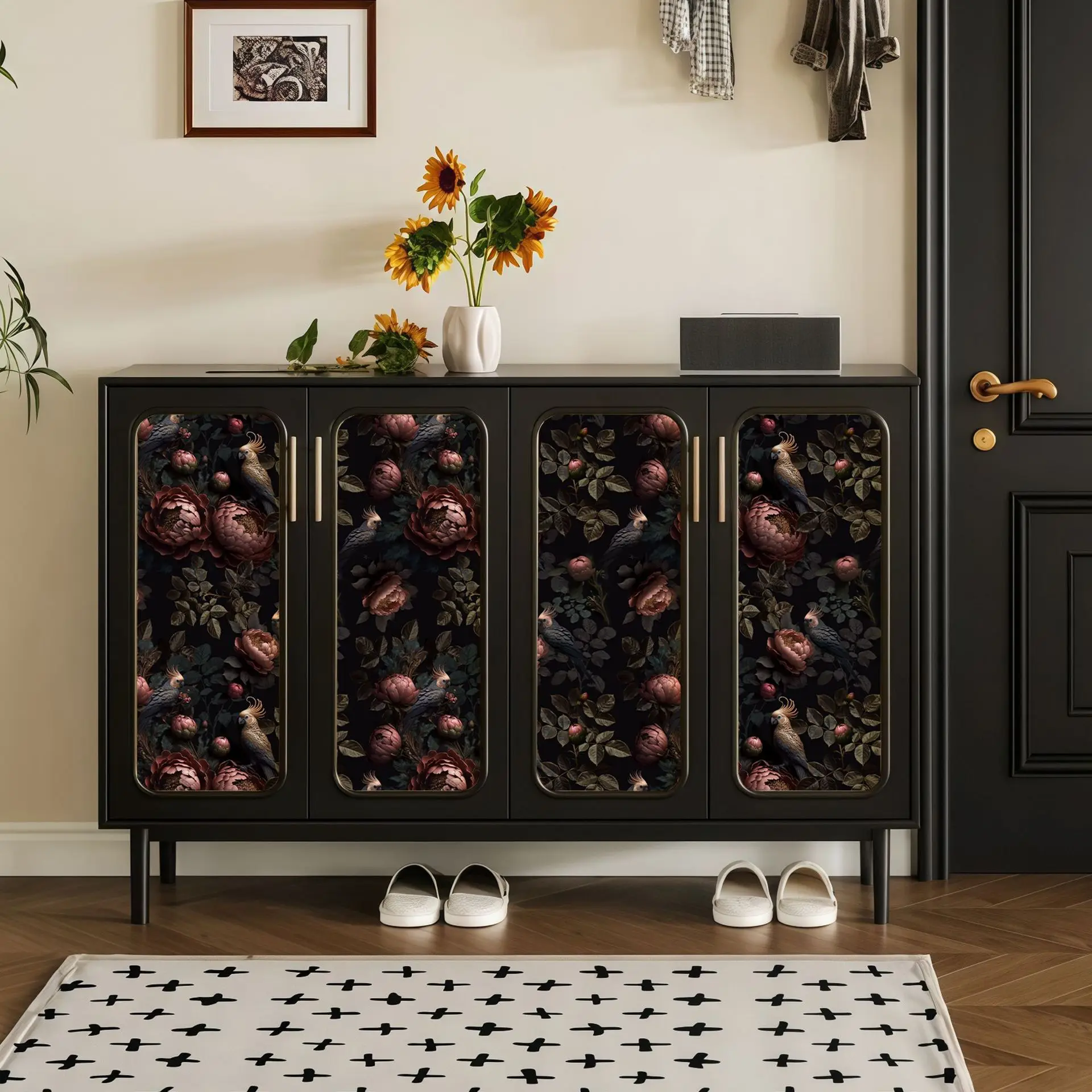Retro wallpaper self-adhesive dark floral wallpaper Living Room Bedroom background wall mural waterproof dark cabinet sticker