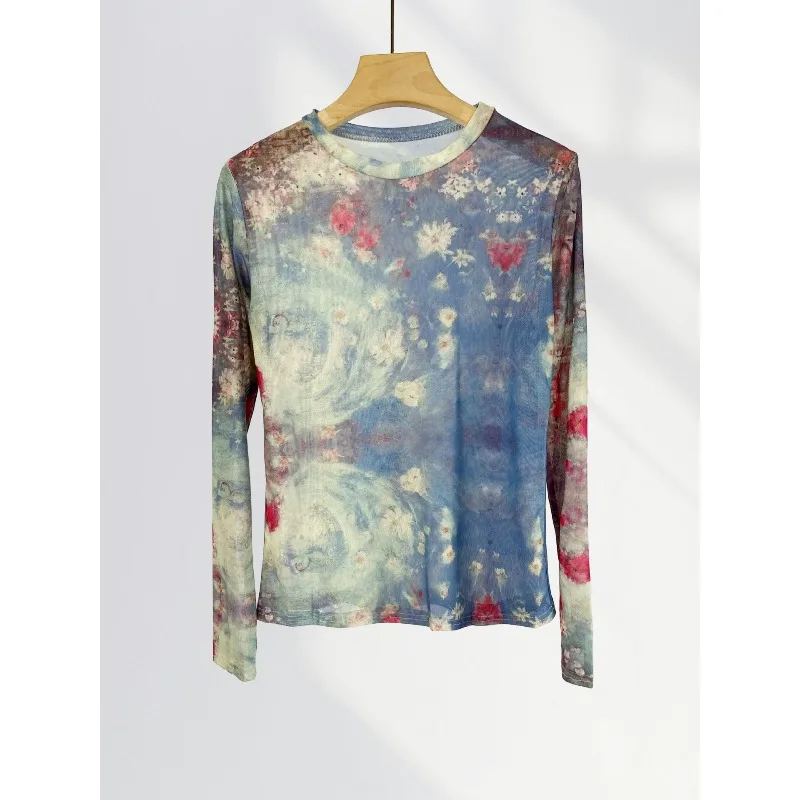 This Is A Stunning Retro Tie-dyed Long-sleeved T-shirt with Strong Sense of Design Thin See-through Sun-protective Base Layer