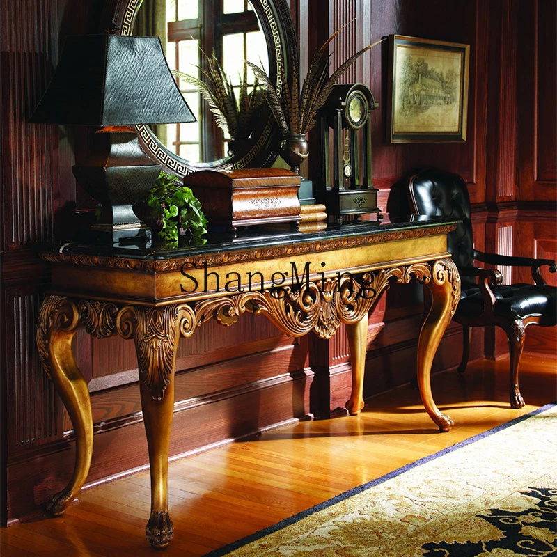 

CL antique all-solid wood entrance table villa large-sized carved mahogany core wood gold foil old foyer table